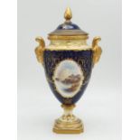 A Coalport Porcelain Vase and Cover. Stunning Gilt and Cobalt Blue with a Hand-painted Scene of