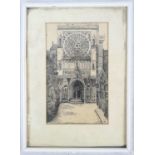 A 1930 Signed Ink Drawing of Notre Dame. Frame slightly loose. 27 x 36cm.