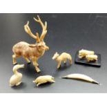 Mixed Lot (6 pieces) of Antique Ivory Figurines and an Ivory necklace attachment (5cm). Deer -8cm