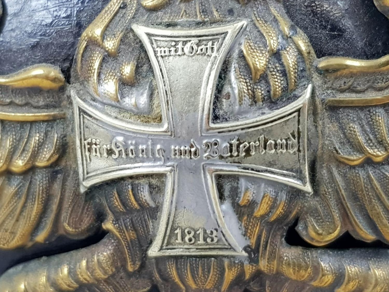 WW1 Imperial German landwehr Pickelhaube. Small field repair to the Wappen plate. Genuine honest - Image 6 of 6