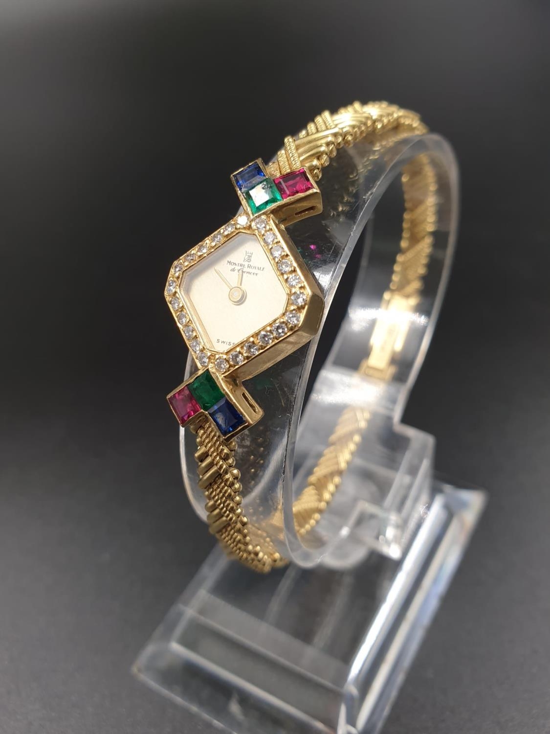 A MONTRE ROYALE OF GENEVA 18K GOLD LADIES DRESS WATCH WITH DIAMOND BEZEL AND RUBI, SAPHIRE AND - Image 2 of 10