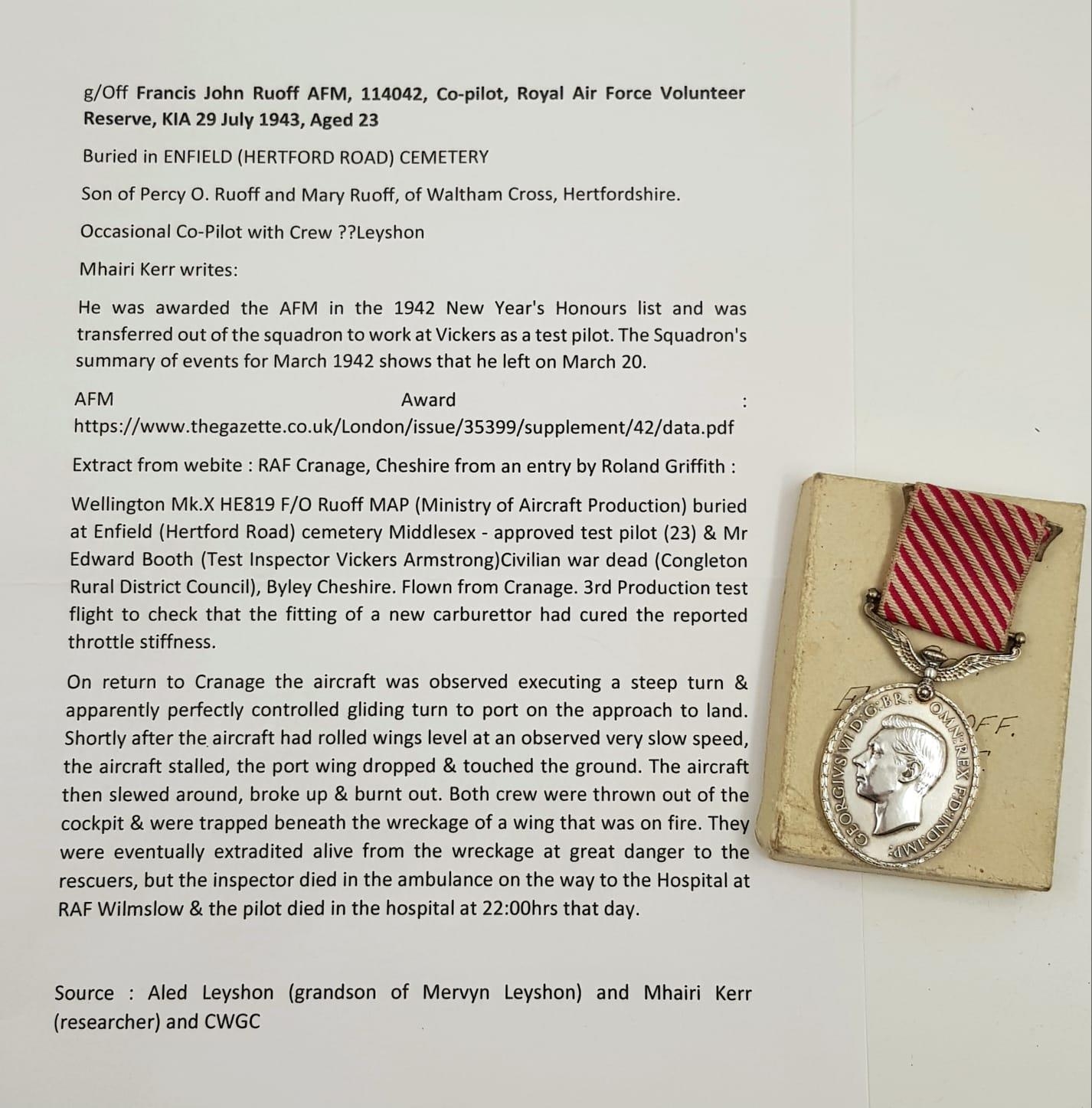 A Silver George VI Air Force Medal (AFM) Awarded to Sergeant Francis John Ruoff, of the RAF in 1942. - Image 4 of 5