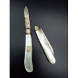 Antique Pair of Silver Thomas Marples Folding Fruit Knives. 1895 and 1915. Mother of Pearl