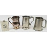 Three Vintage Pewter Tankards and a Hipflask. Good Condition.