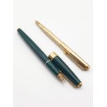Two Vintage Parker Pens. A Green Fountain Pen with 14K Gold Nib and a Gold Plated Ballpoint.