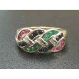 9K YELLOW GOLD VINTAGE MULTI STONE SET RING WITH DIAMOND, RUBY, SAPPHIRE & EMERALD , WEIGHT 4.3G