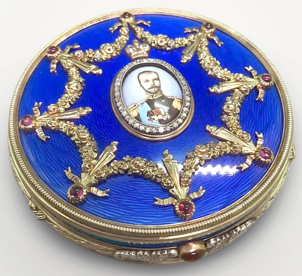 Antique style 14k Solid yellow Gold Enamel Diamond And Ruby Large Russian Portrait box, A stunning