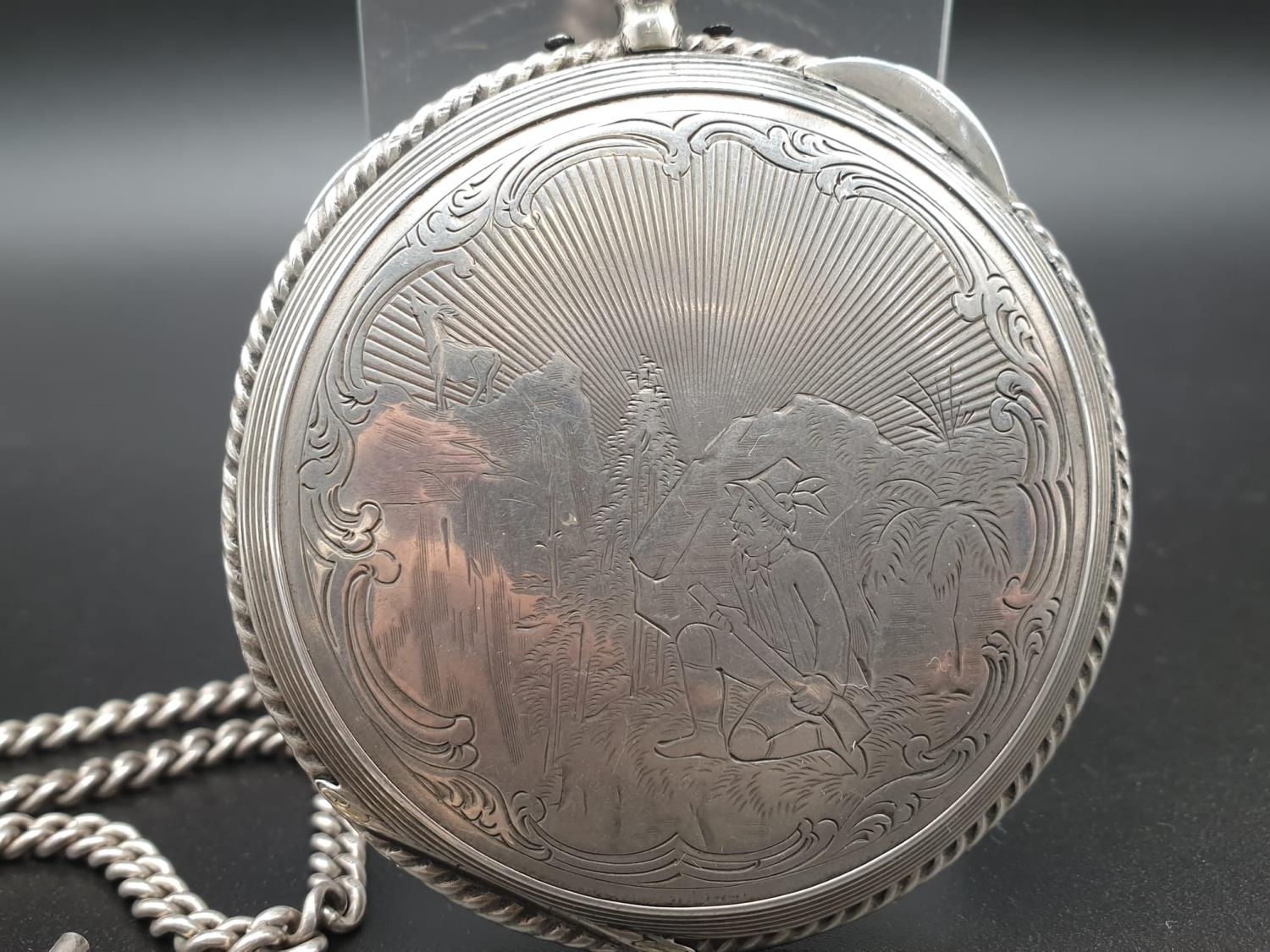 Brilliantly-Crafted Antique Chiming Silver Pocket Watch. Detailed engraving on rear case. White dial - Image 4 of 16