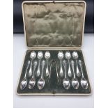 Antique Silver Set of 12 Spoons and a Pair of Sugar Tongs. Sheffield Hallmark - 1912. Good