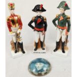 3 Military Figures and a Hand Cast Glass Paperweight with the image of Lord Nelson. Figures 22cm.