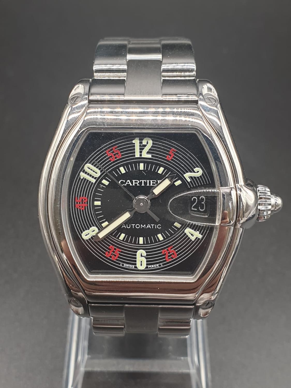 A CARTIER ROADSTER TANK STYLE AUTOMATIC STAINESS STEEL WRIST WATCH IN EXCELLENT CONDITION 36mm