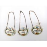 Three Coalport Bone China Drink Tags. 2 Sherry and 1 Gin. Good Condition, on chains.