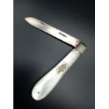 Antique (1922) Silver Walker and Hall Folding Fruit Knife. Mother of Pearl Handle. 16cm extended.