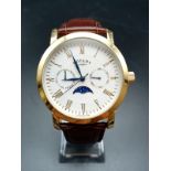 Rotary gents watch with white face and leather strap, in original box