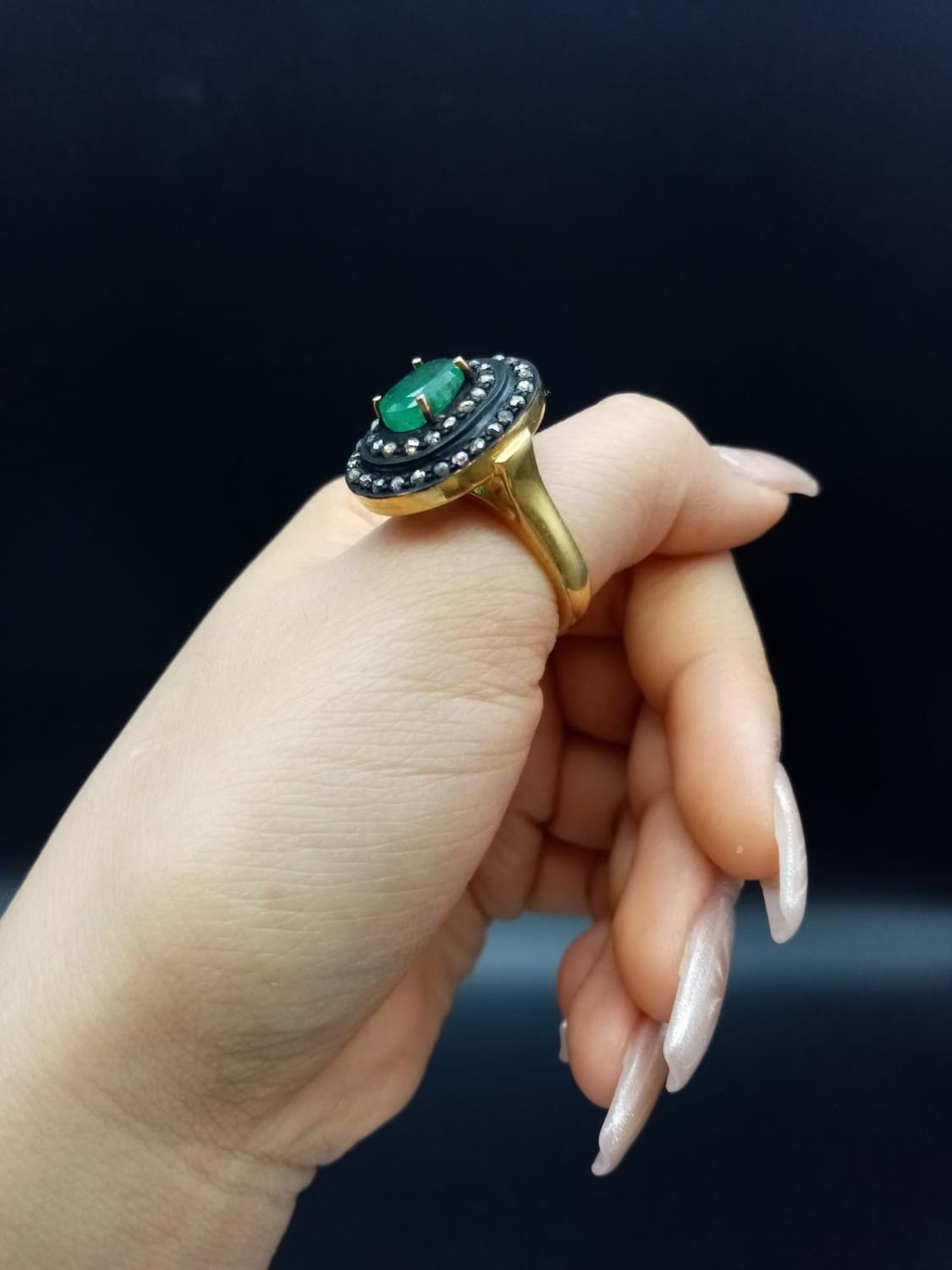 Gold Plated Emerald Ring in Silver with a 3ct Emerald and 0.90ct diamonds weight 13.9g and size P - Image 6 of 7