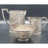 A WANG HING ANTIQUE SET OF 3 HAND ENGRAVED ITEMS TO INCLUDE 2 JUGS AND A BOWL WITH TRADITIONAL