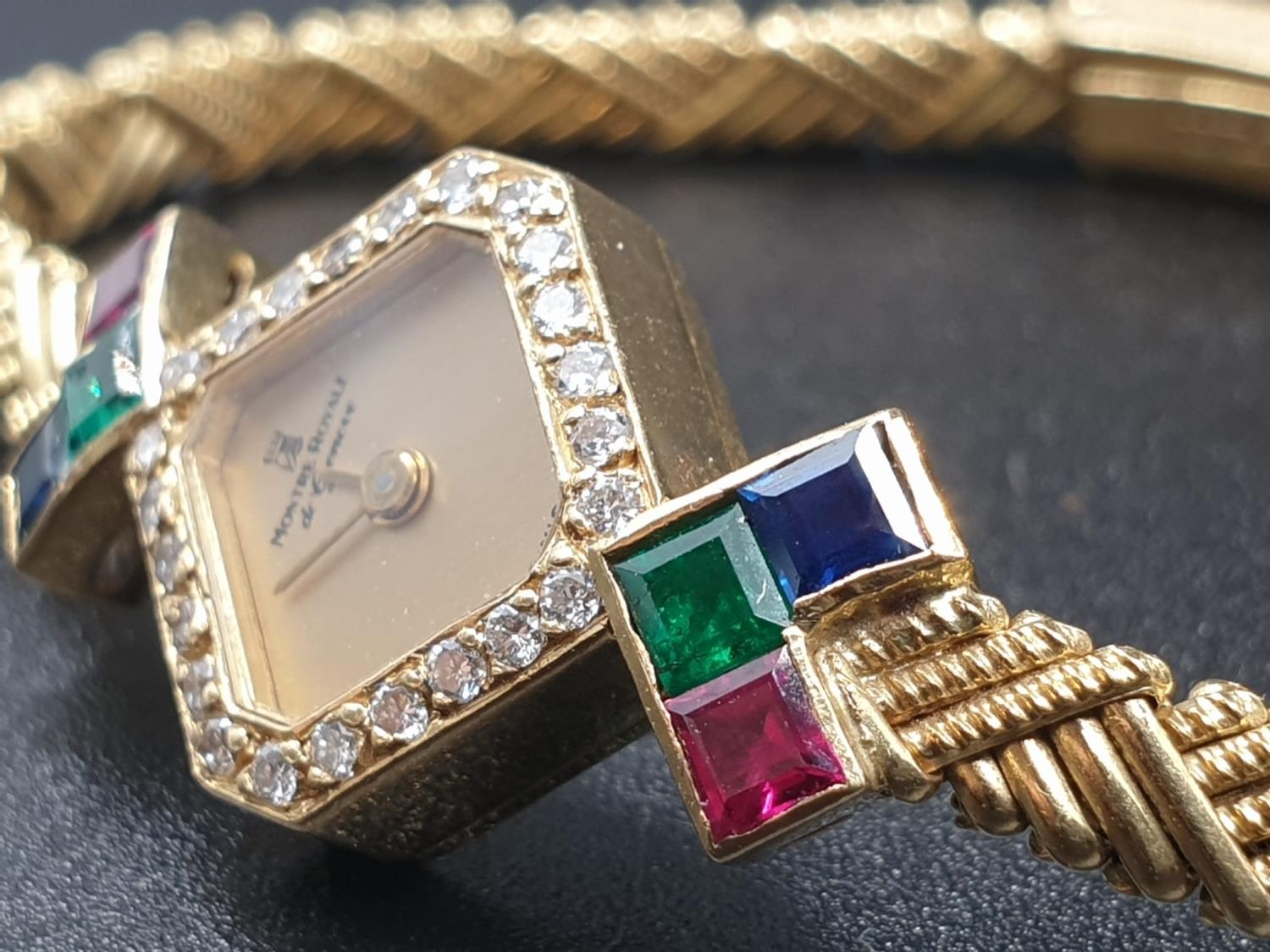 A MONTRE ROYALE OF GENEVA 18K GOLD LADIES DRESS WATCH WITH DIAMOND BEZEL AND RUBI, SAPHIRE AND - Image 5 of 10