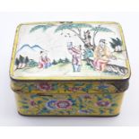 AN 18TH CENTURY CHINESE ENAMELLED TIN TRINKET BOX . WITH AGE RELATED WEAR AND SOME ENAMELLING