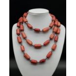 Very long natural red stone beaded chain, 120cm long