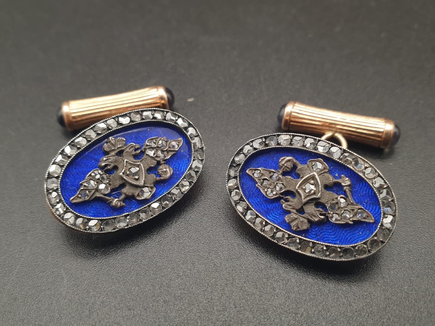 Russian 14k gold with blue enamel diamond and sapphire cufflinks. 17.8gms.