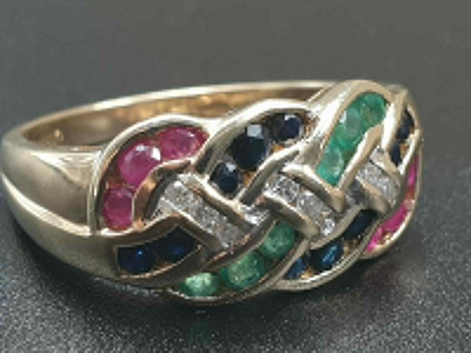 9K YELLOW GOLD VINTAGE MULTI STONE SET RING WITH DIAMOND, RUBY, SAPPHIRE & EMERALD , WEIGHT 4.3G - Image 2 of 7