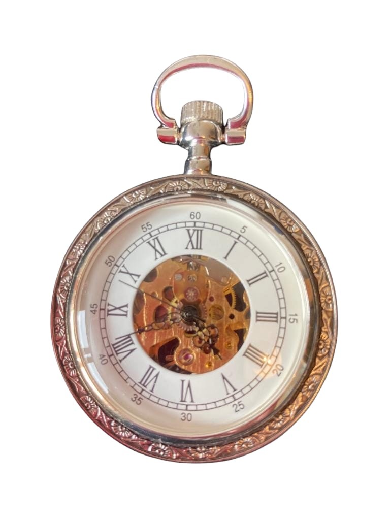 Silver plated skeleton pocket watch by heritage