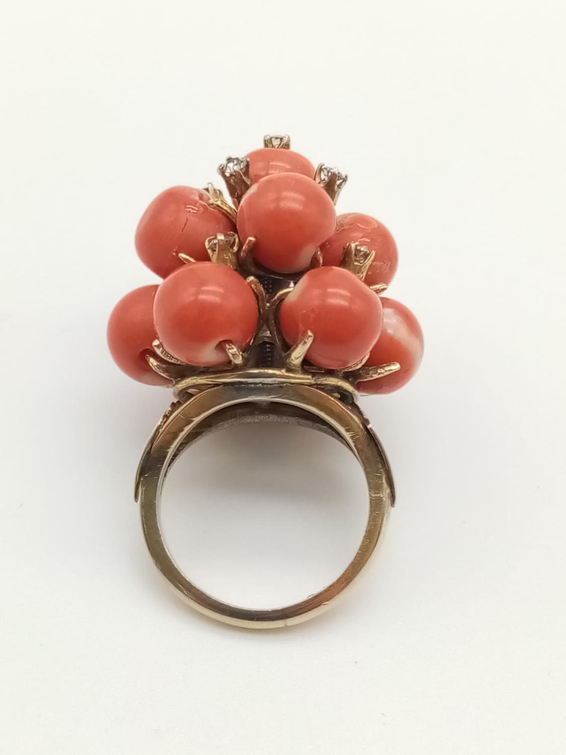 14k vintage yellow gold impressive statement ring with coral and diamonds, weigh 17g and size K - Image 2 of 8
