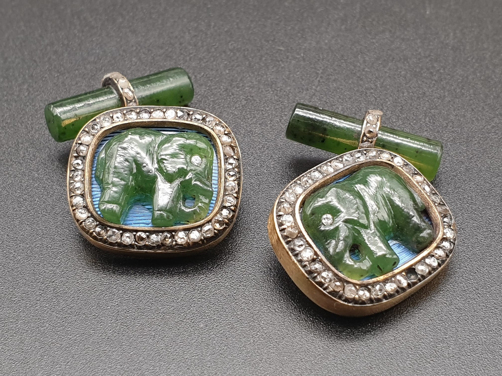 Russian 14k gold and diamond nephrite jade elephant cufflinks . 15.1gms