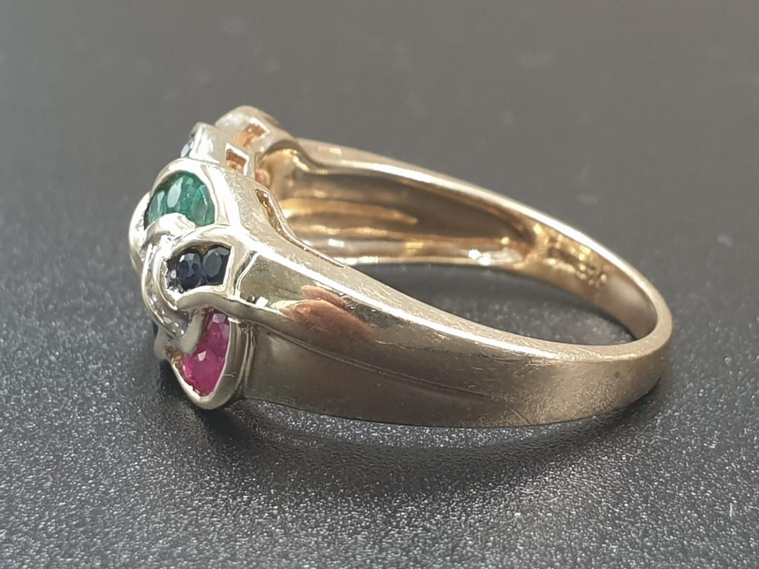 9K YELLOW GOLD VINTAGE MULTI STONE SET RING WITH DIAMOND, RUBY, SAPPHIRE & EMERALD , WEIGHT 4.3G - Image 3 of 7