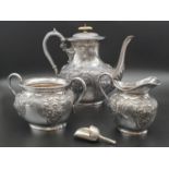 Heavily Embossed Silver Plate Coffee Pot, Sugar with Scoop and Milk Jug. Made by WH and S. Repair