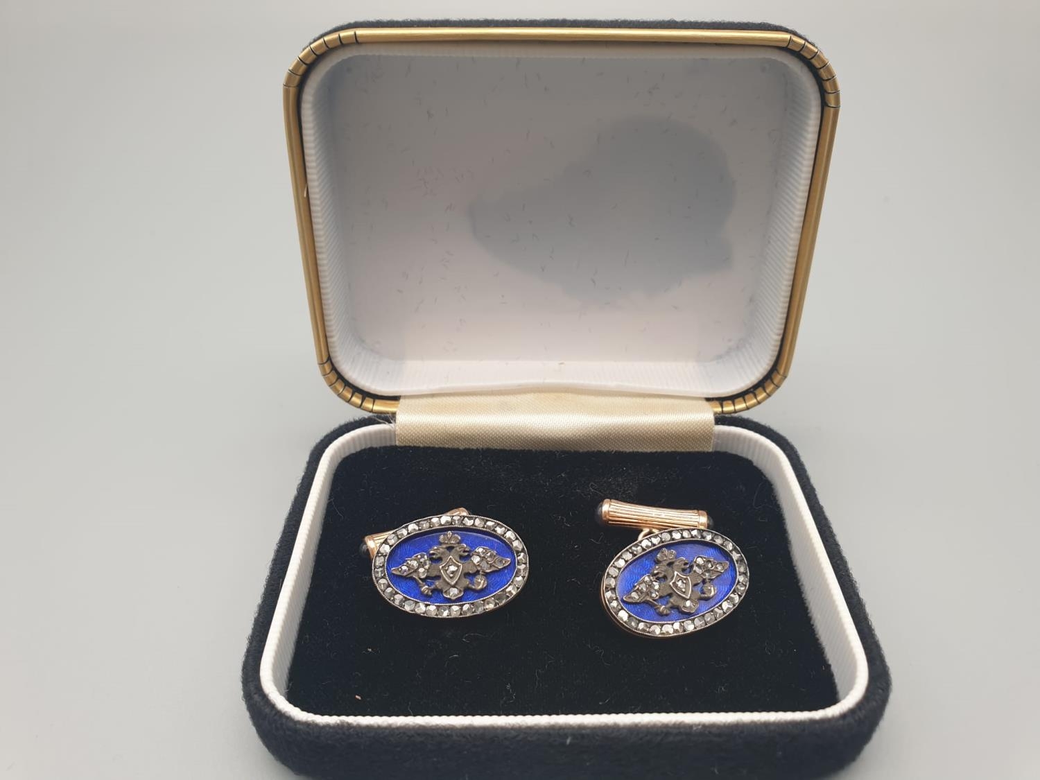 Russian 14k gold with blue enamel diamond and sapphire cufflinks. 17.8gms. - Image 7 of 8