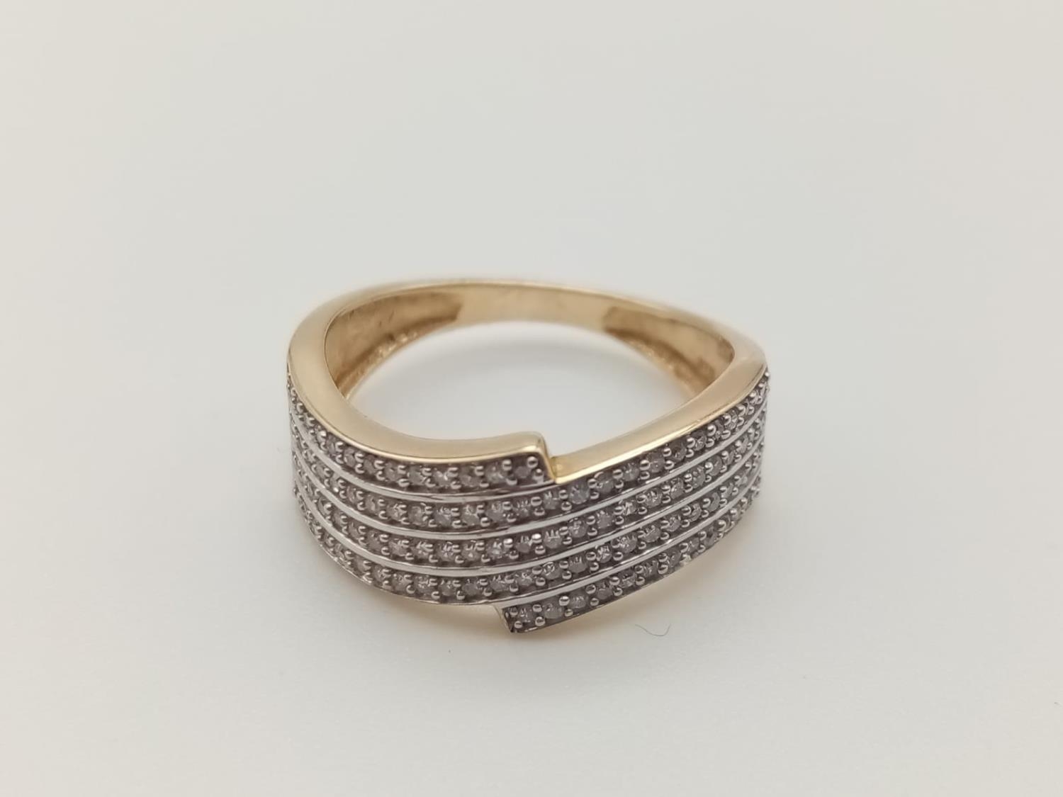 9k Yellow gold DIAMOND 4 ROW TWIST RING, approx 0.30CT diamonds, weight 2.5g size L