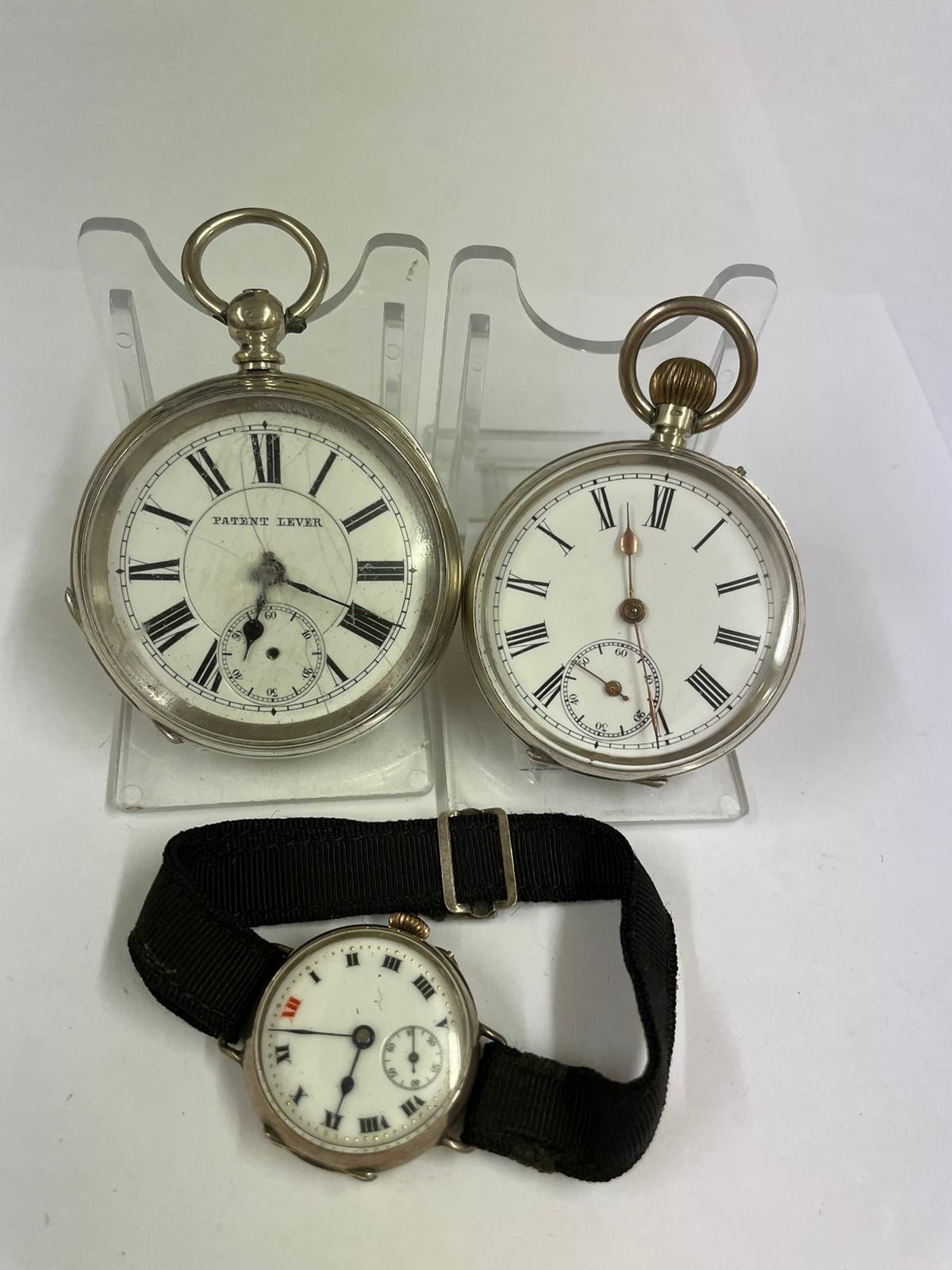 Antique silver pocket watch x2 and silver trench watch AF