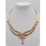 Antique 18k yellow gold diamond set necklace, weight 64.2g approx 1ct diamonds, pendant drop 5.5cm