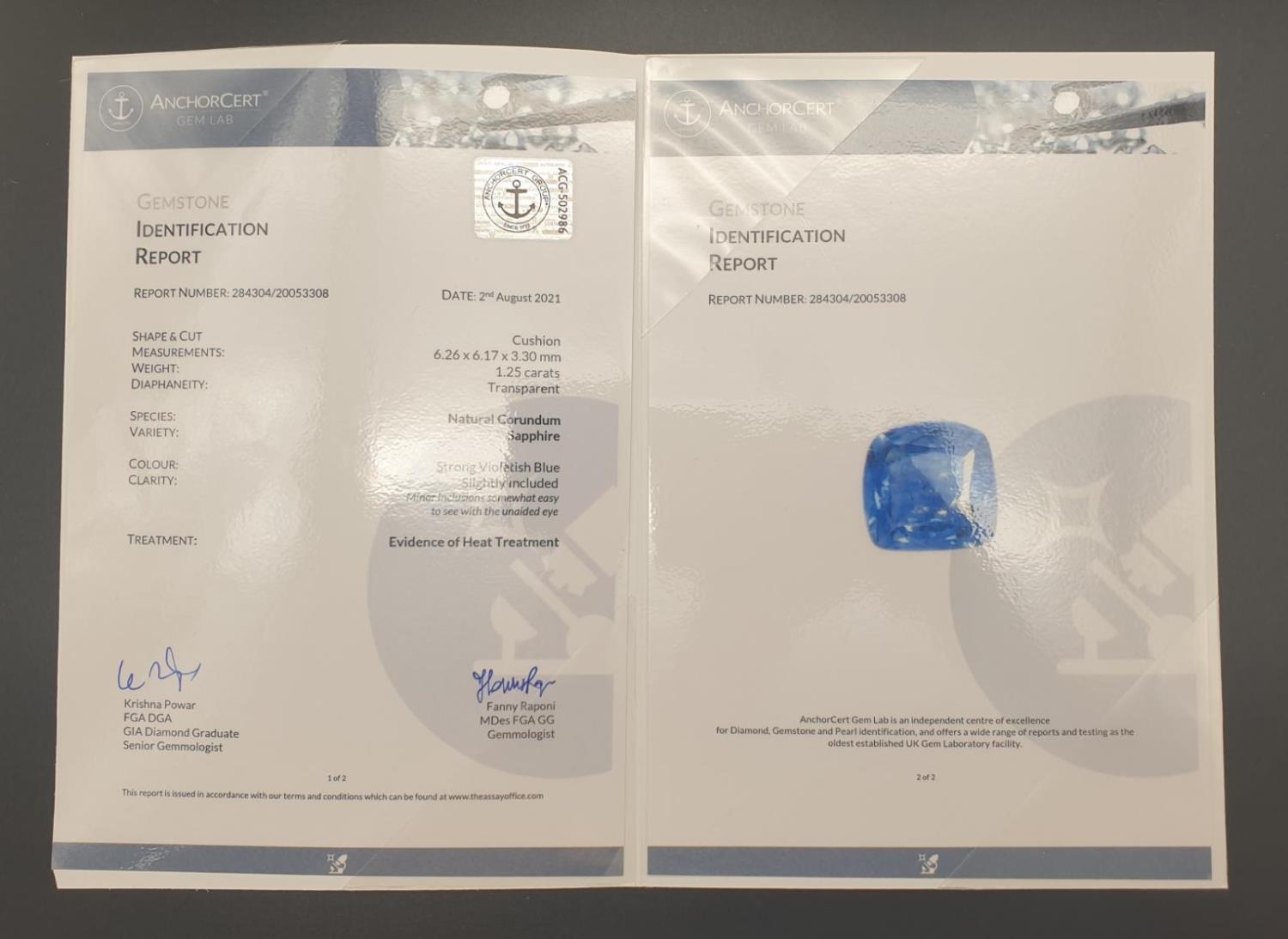1.25ct cushion cut blue sapphire gemstone comes with original AnchorCert report and Safeguard - Image 5 of 5