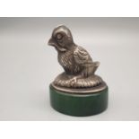 Russian silver and jade paperweight in the form of a canary bird in original box. 64.3gms 5.5cms
