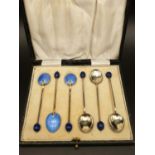 Six Silver, Blue Enamel Coffee Spoons. 1924 - Howard Clifford Davis Hallmark. 52g total weight.