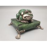 Large Russian early 20th century silver enamel nephrite jade frog paperweight/figurine in original