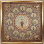 A Large Framed Khayyam-esque Peacock Tapestry. Elegantly woven with glass-ball decorations. Zodiac