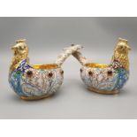 Pair of Russian 20th century silver enamel gemset kavosch bowl in the form of birds, an exquisite