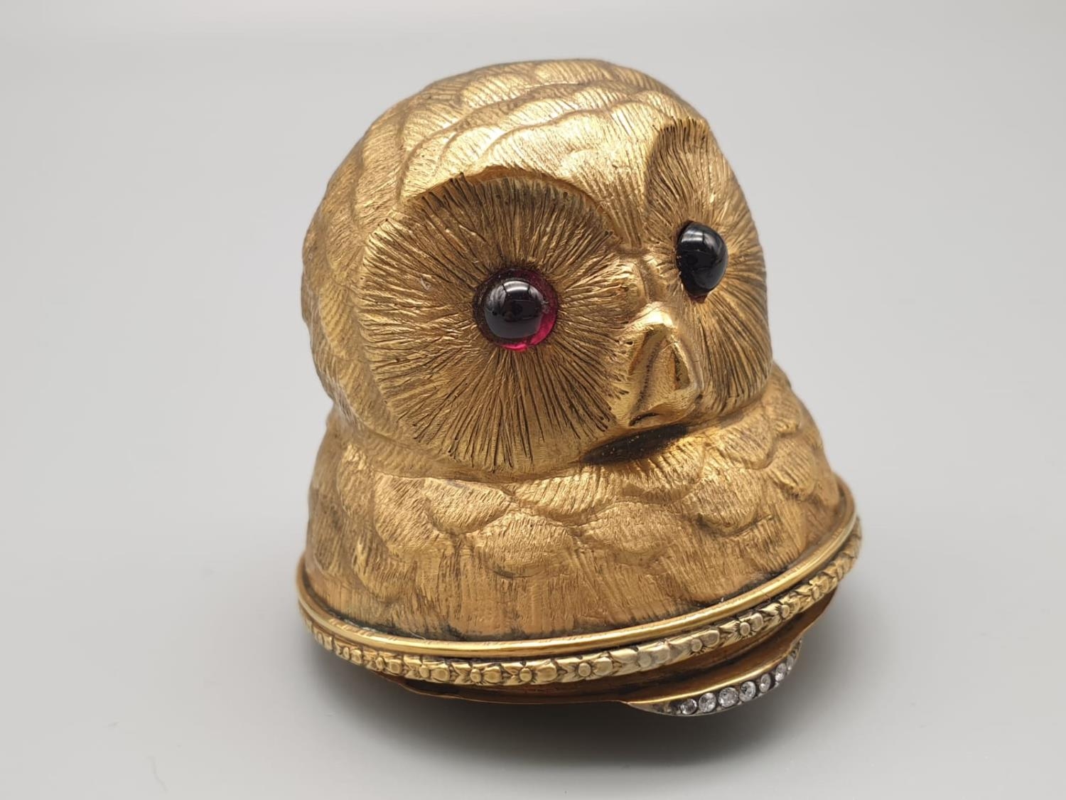 Russian silver gilt enamel and diamond owl pill box with garnet eyes. 59.1gms 5cms tall.