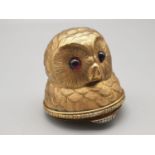 Russian silver gilt enamel and diamond owl pill box with garnet eyes. 59.1gms 5cms tall.