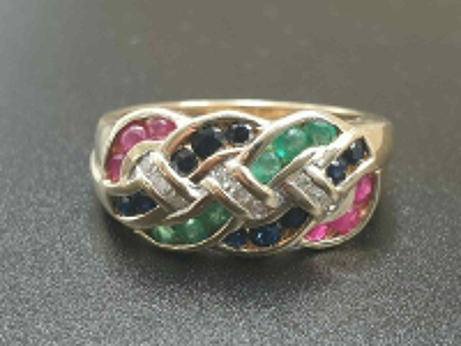 9K YELLOW GOLD VINTAGE MULTI STONE SET RING WITH DIAMOND, RUBY, SAPPHIRE & EMERALD , WEIGHT 4.3G