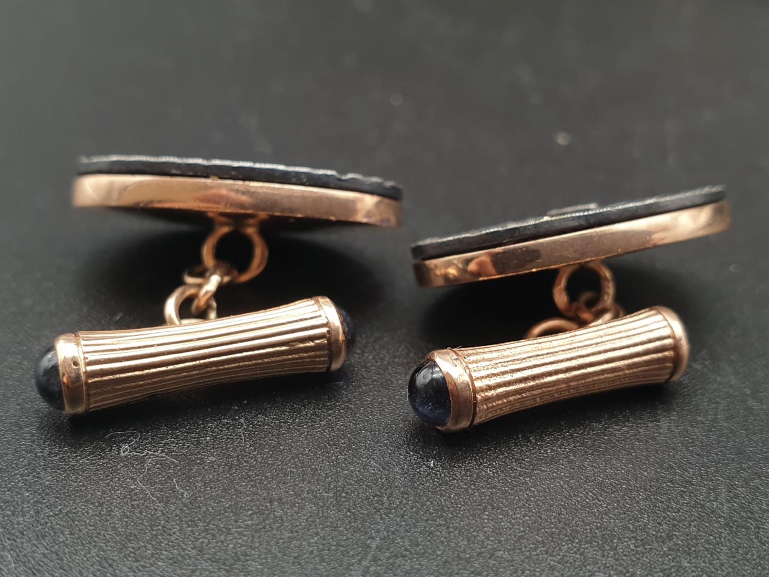 Russian 14k gold with blue enamel diamond and sapphire cufflinks. 17.8gms. - Image 5 of 8