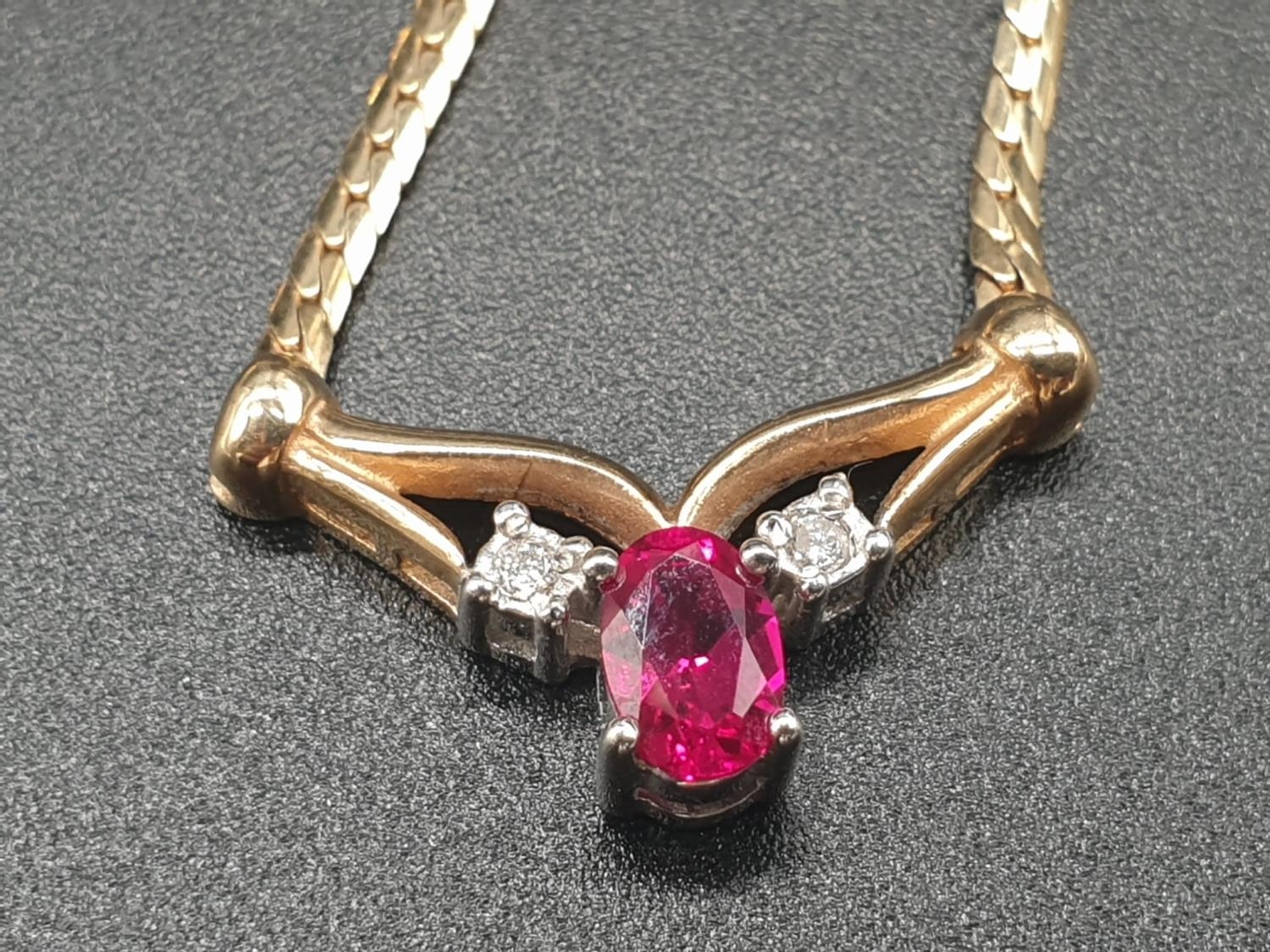 9K YELLOW GOLD SET WITH DIAMOND AND RED STONE NECKLACE, WEIGHT 6G AND 40CM LONG APPROZ - Image 3 of 7