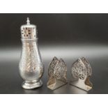 Silver Plate Sugar Shaker and Two Napkin Holders. 15cm - sugar shaker.