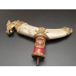 Russian 20th century silver gilt and enamel diamond horn walking stick handle with horses head