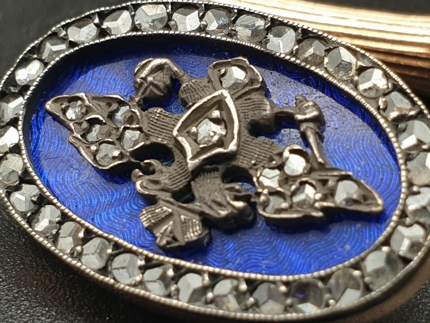 Russian 14k gold with blue enamel diamond and sapphire cufflinks. 17.8gms. - Image 3 of 8