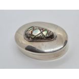 Sterling Silver Pill Box, Decorated with Mother of Pearl. 4 x 3cm. 9.9g
