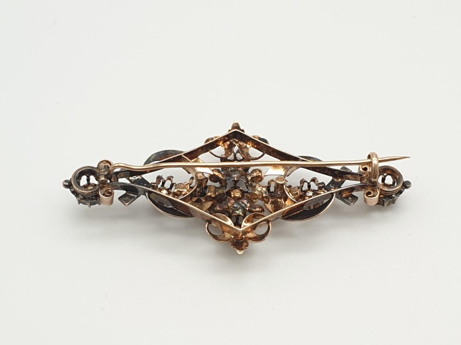 Impressive Antique Edwardian rose gold brooch with over 3ct of rose diamonds, weight 9.1g and 7cm - Image 4 of 5